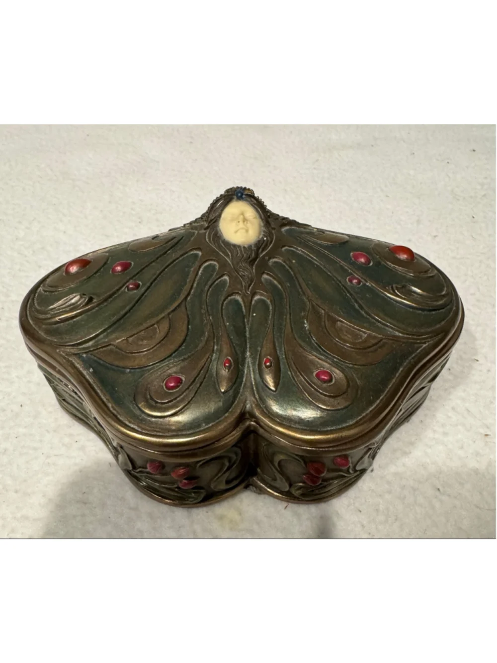 Veronese Art Nouveau Style Butterfly Princess Jewelry Box Brass Green Red